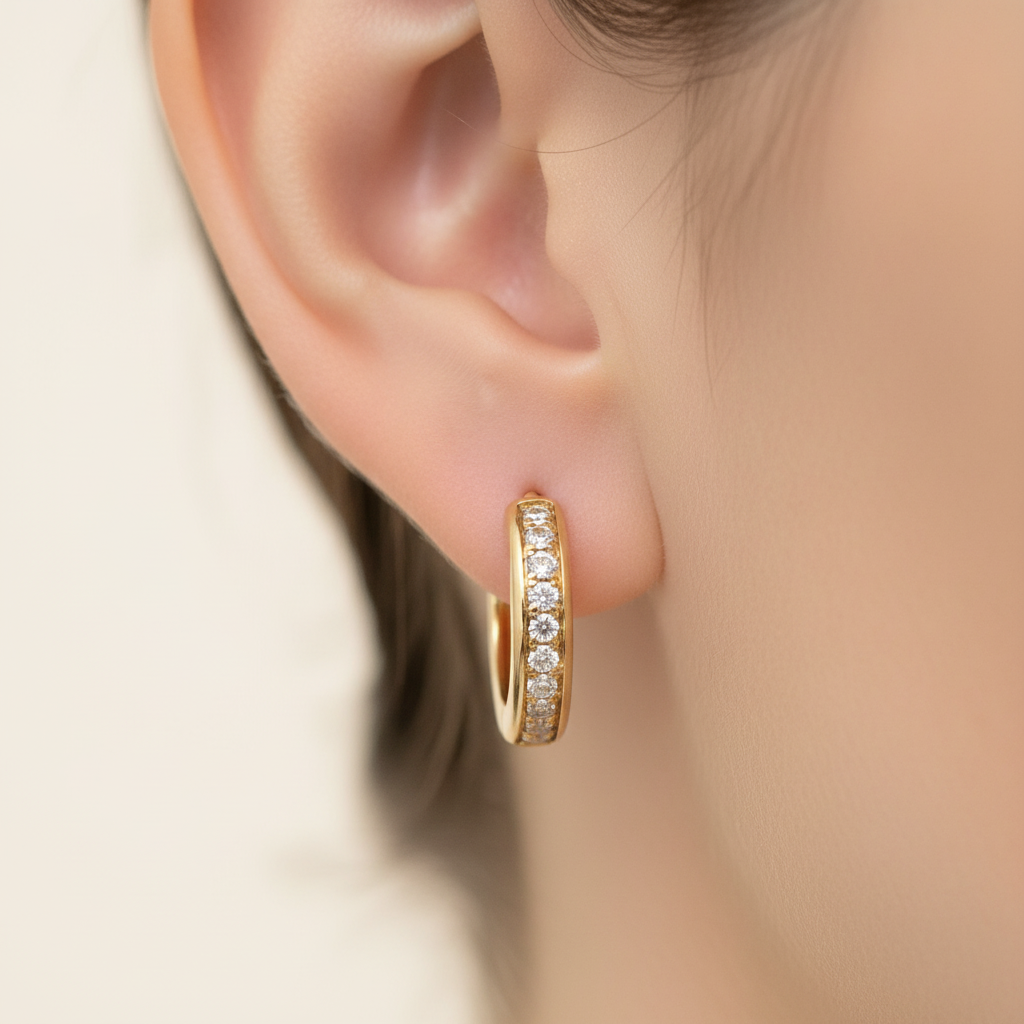 EHE56598. 14K Solid Yellow Gold Diamond Hoop Earrings