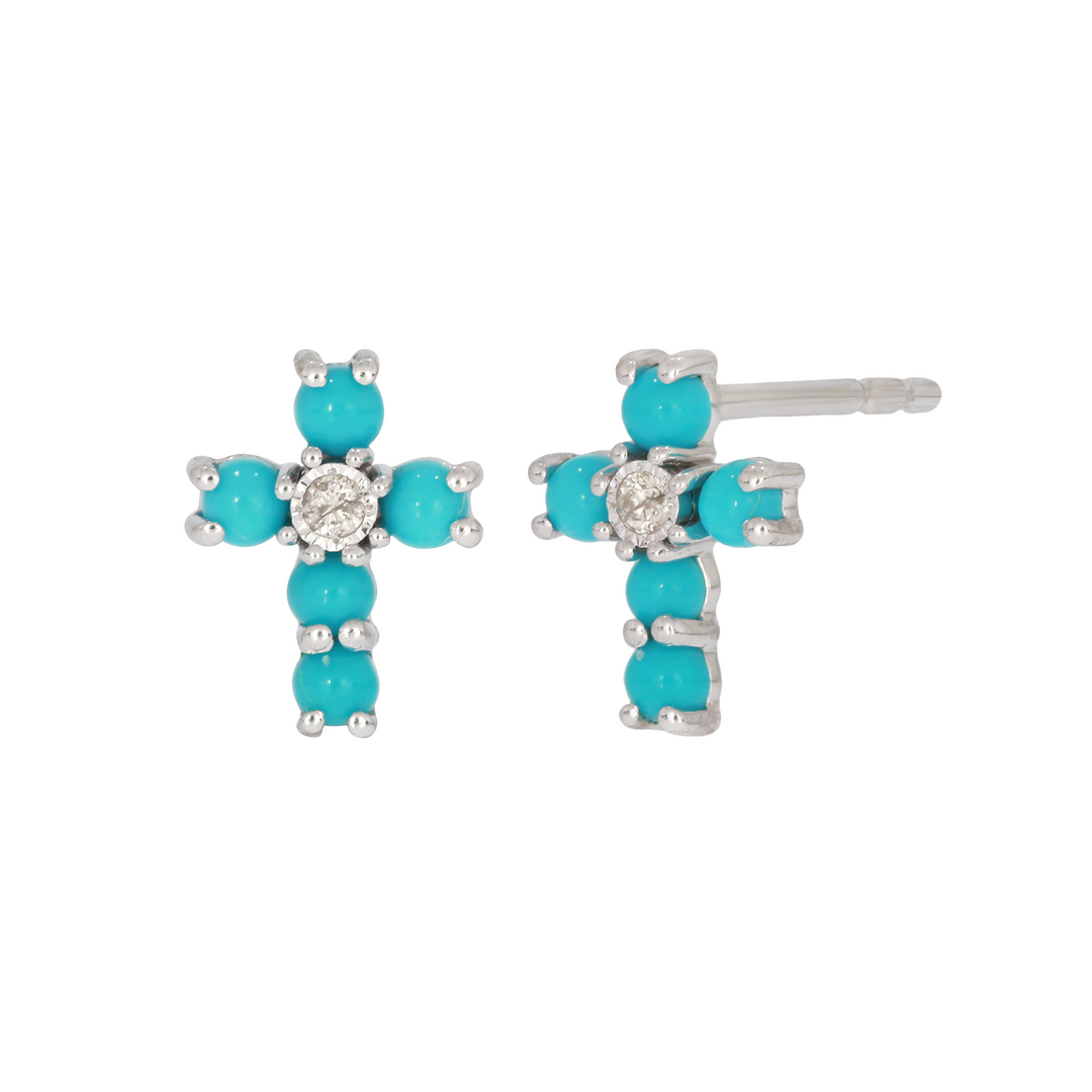 14K Solid Yellow Gold Turquoise and Diamond Stud Earring