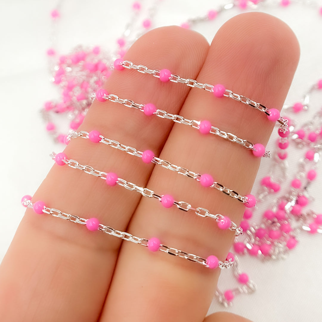 V203PKSS.  Sterling Silver Pink Color Enamel Chain