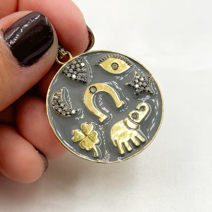 Diamond Silver Lucky Symbols Enamel Pendant