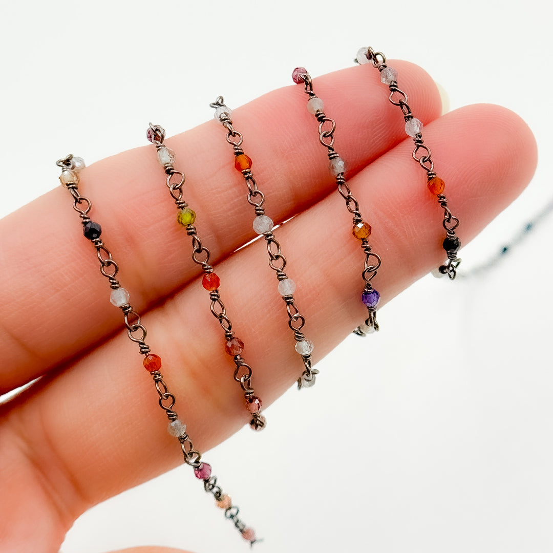 MGS26. Multi Gem Stone Faceted Roundel Wire Wrapped Chain