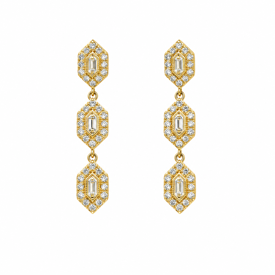EFH52033. 14K Solid Gold and Diamonds 3 Hexagons Dangle Earrings