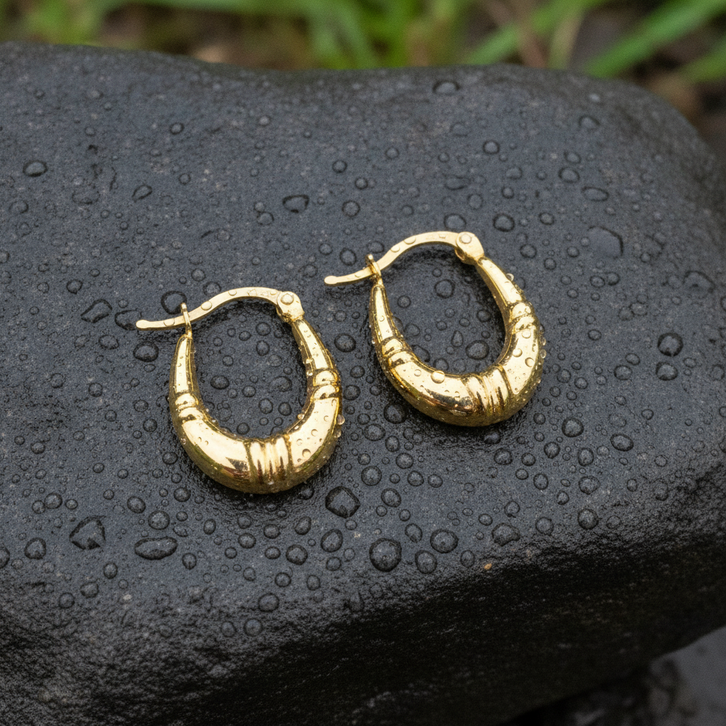 GER179. 14K Solid Gold Textured Hollow Hoops Earrings