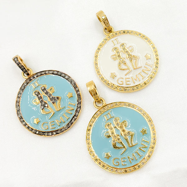 Diamond Sterling Silver Gemini Zodiac Enamel Pendants