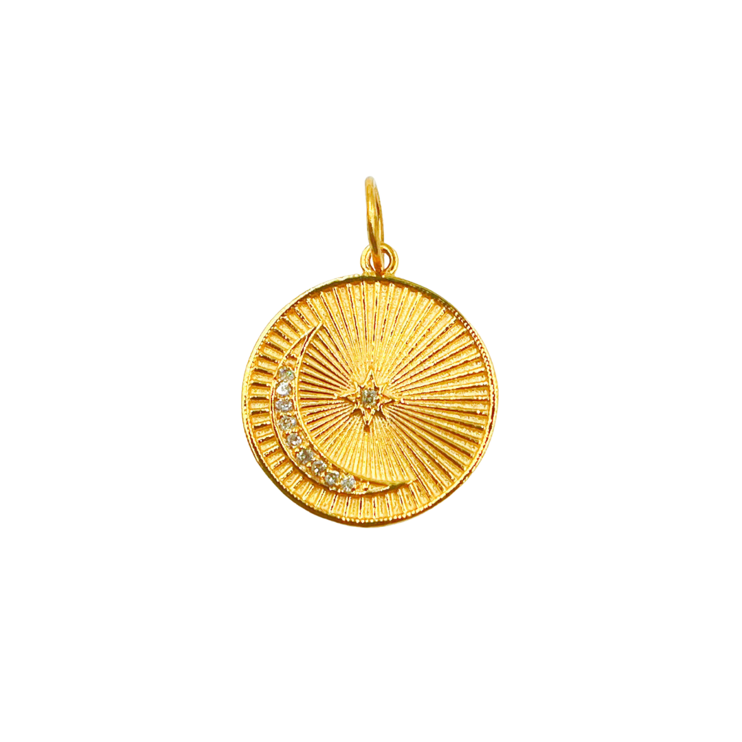 14K Solid Gold with Diamonds Circle Shape Charm with Moon and Star in the Center.  GDP174