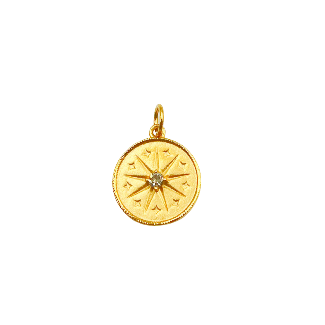 14K Solid Gold Charm. Circle Pendant with Diamonds. GDP176