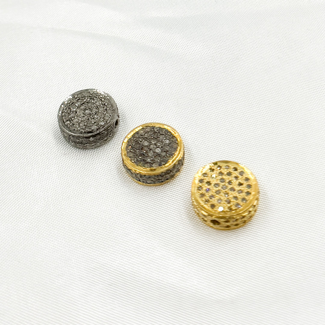 Pave Diamond & 925 Sterling Silver Black Rhodium, Two Tone and Gold Plated Coin Bead. DC835