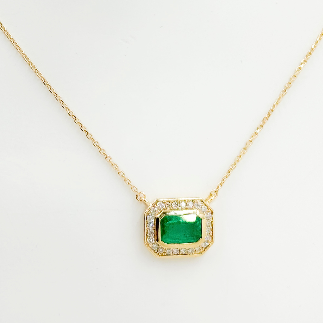 14k Solid Gold Gemstone and Diamond Rectangle Necklace
