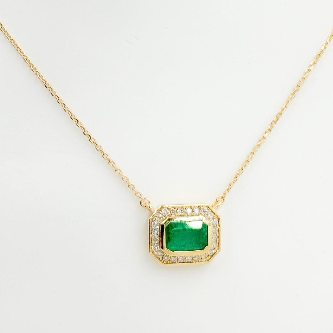 14k Solid Gold Emerald and Diamond Rectangle Necklace. NFC71412EM