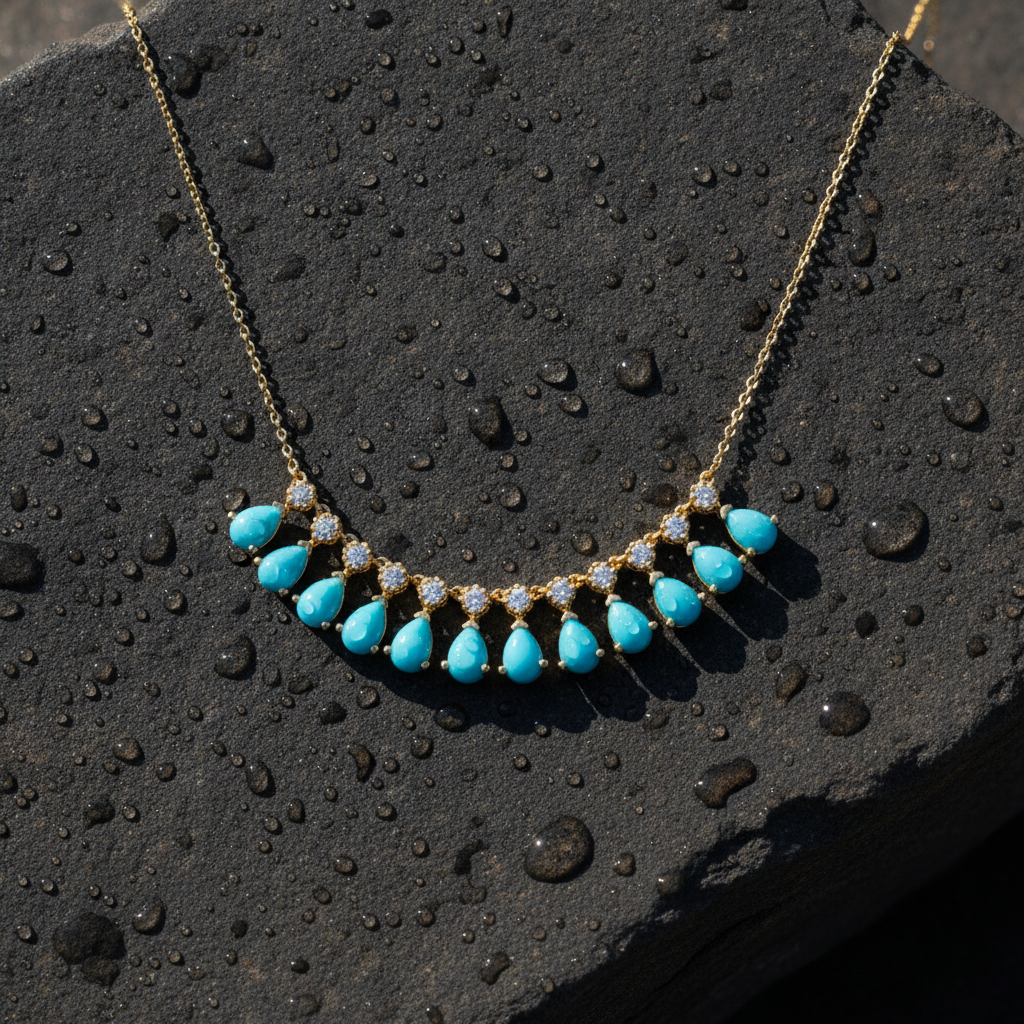 CN97255TQ6X4. 18K Solid Gold Diamond and Turquoise Necklace
