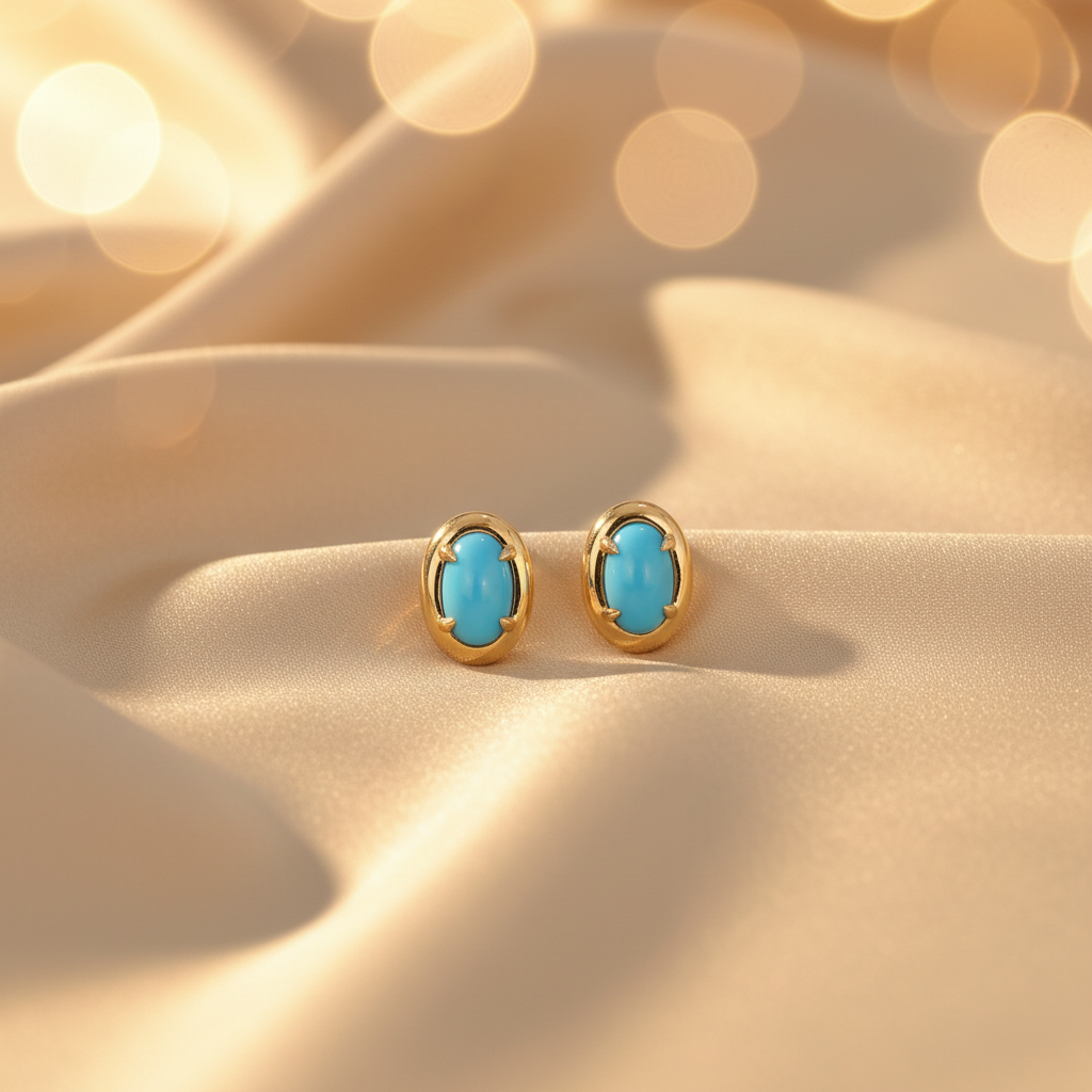 ESZ59194TQ. 14K Solid Yellow Gold Turquoise Oval Stud Earring