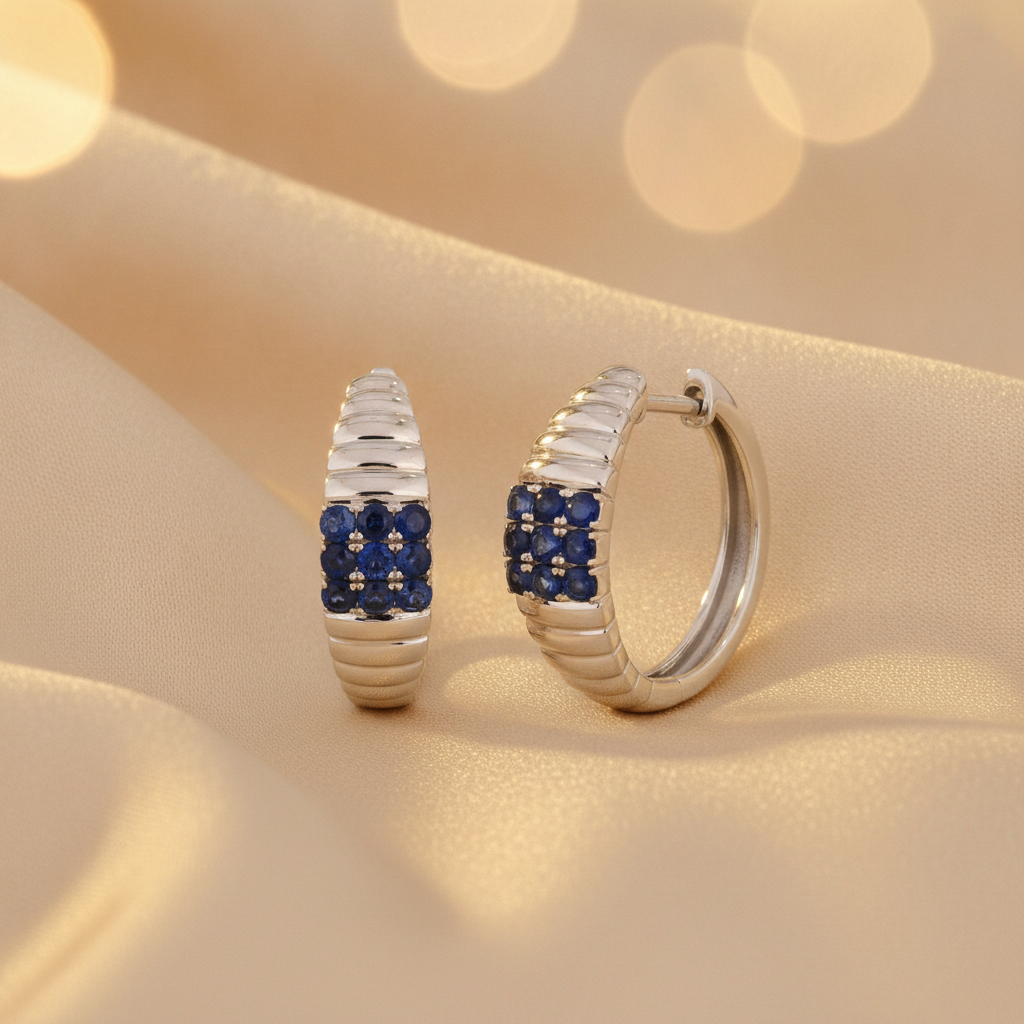 EHZ57171BS. 14K White Solid Gold Diamond & Blue Sapphire Hoop Earrings