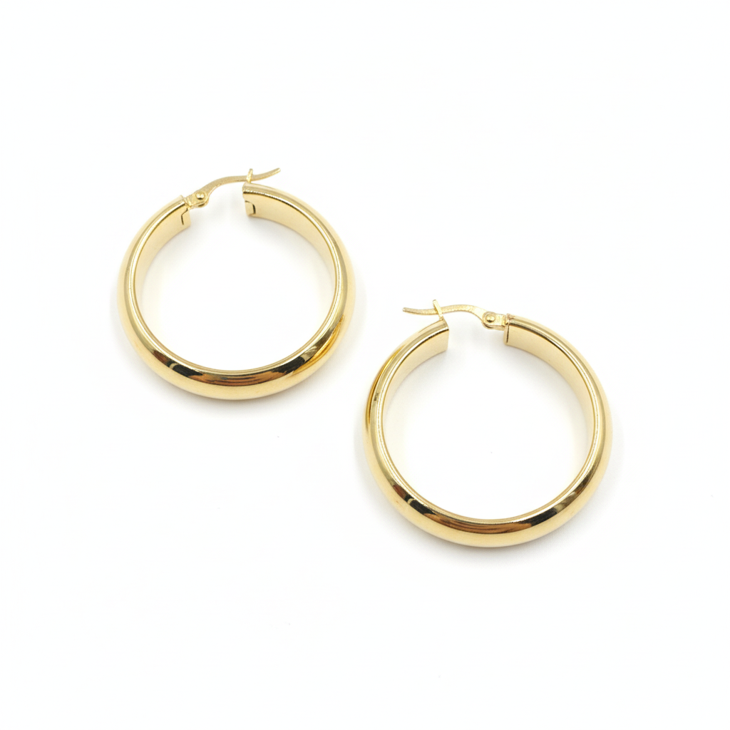 GER154. 14K Solid Gold Hollow Hoop Earrings