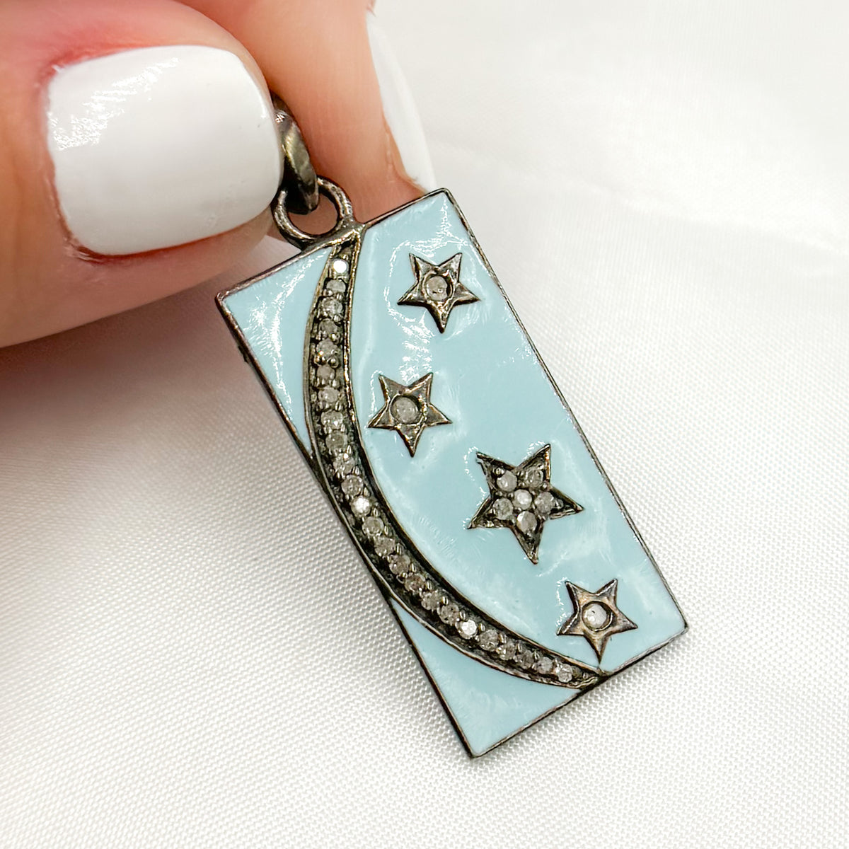 Diamond Sterling Silver Rectangle Moon and Star Enamel Pendants