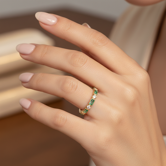 RAC02421EM. 14K Solid Gold Diamond and Emerald Ring