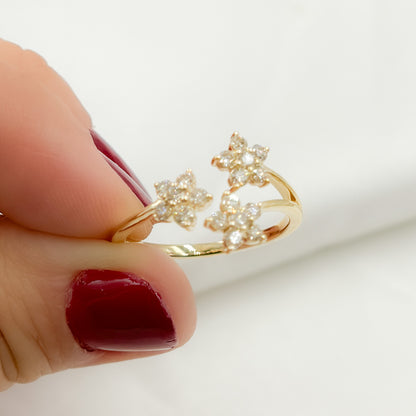 14K Solid Yellow Gold Diamond Open Flower Ring.
