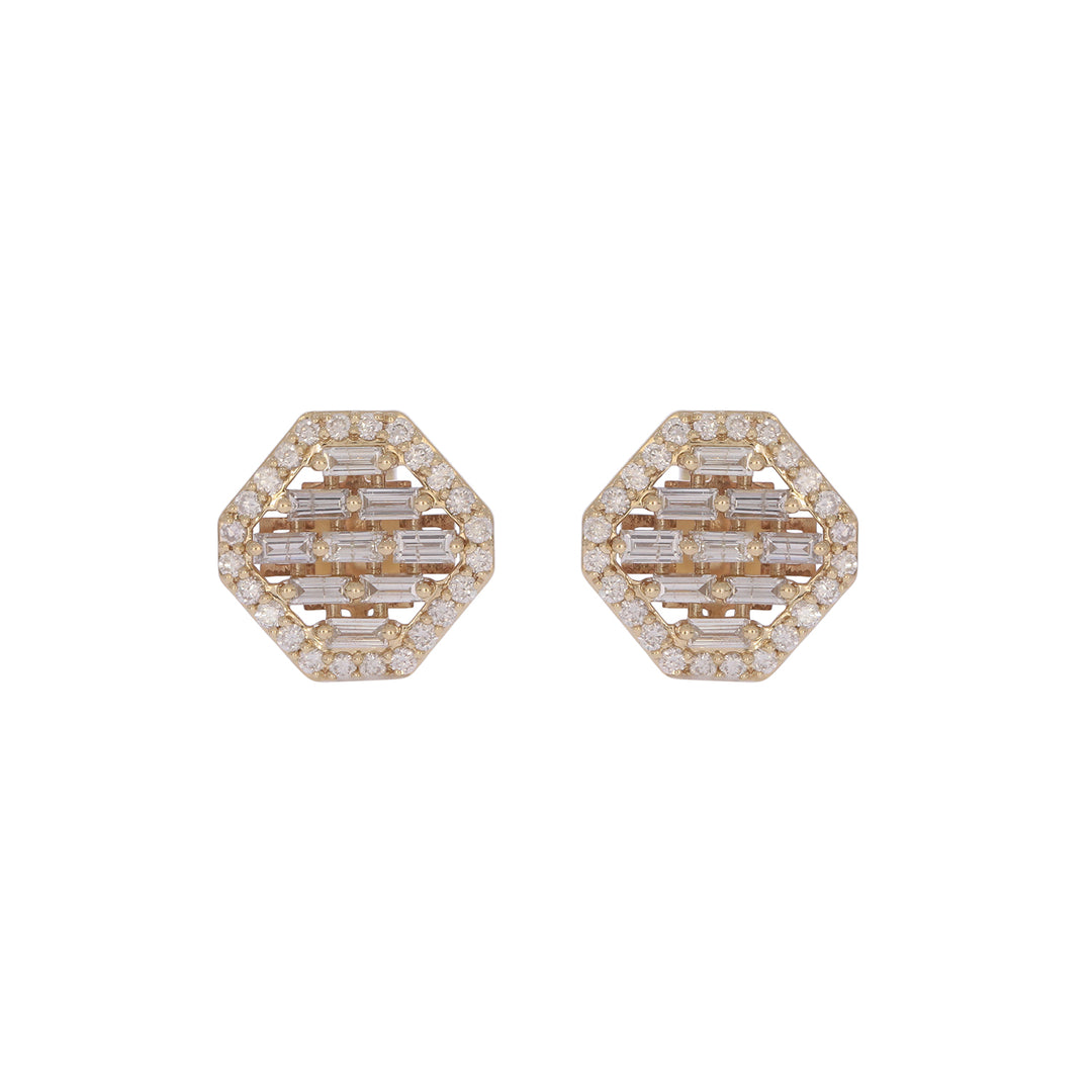 EFI54501. 14K Solid Gold Diamond Baguette Octagon Stud Earrings