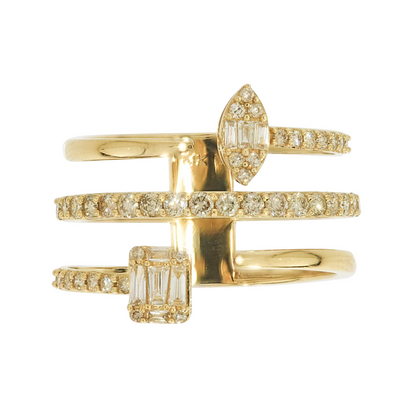 14K Solid Gold Three Rows Fancy Diamond Ring