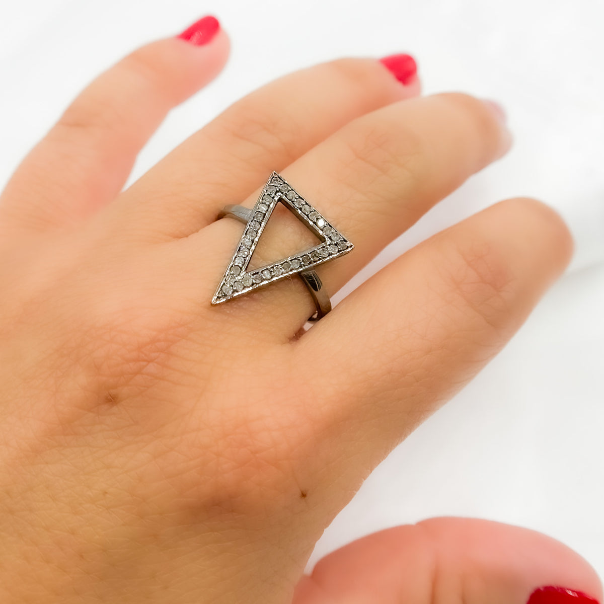 DR021. Diamond Black Rhodium Sterling Silver Triangle Ring