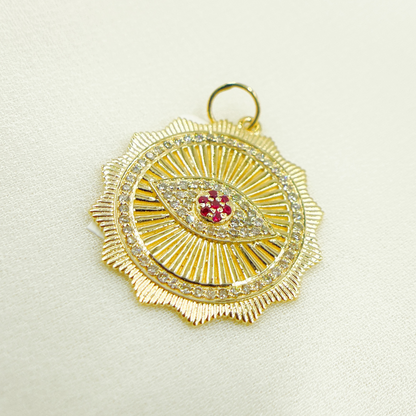 14K Solid Gold Diamond & Ruby Evil Eye Charm. GDP330