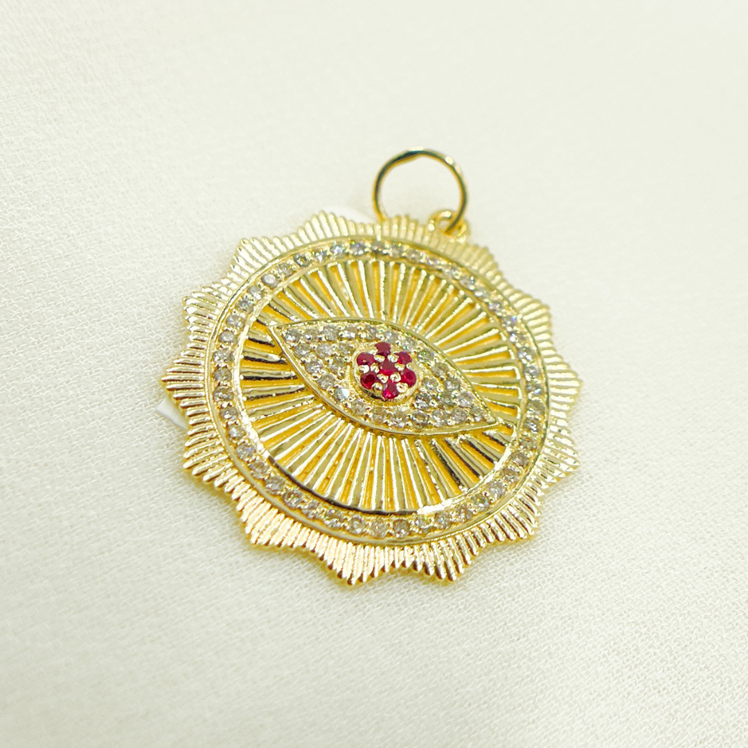 14K Solid Gold Diamond & Ruby Evil Eye Charm. GDP330