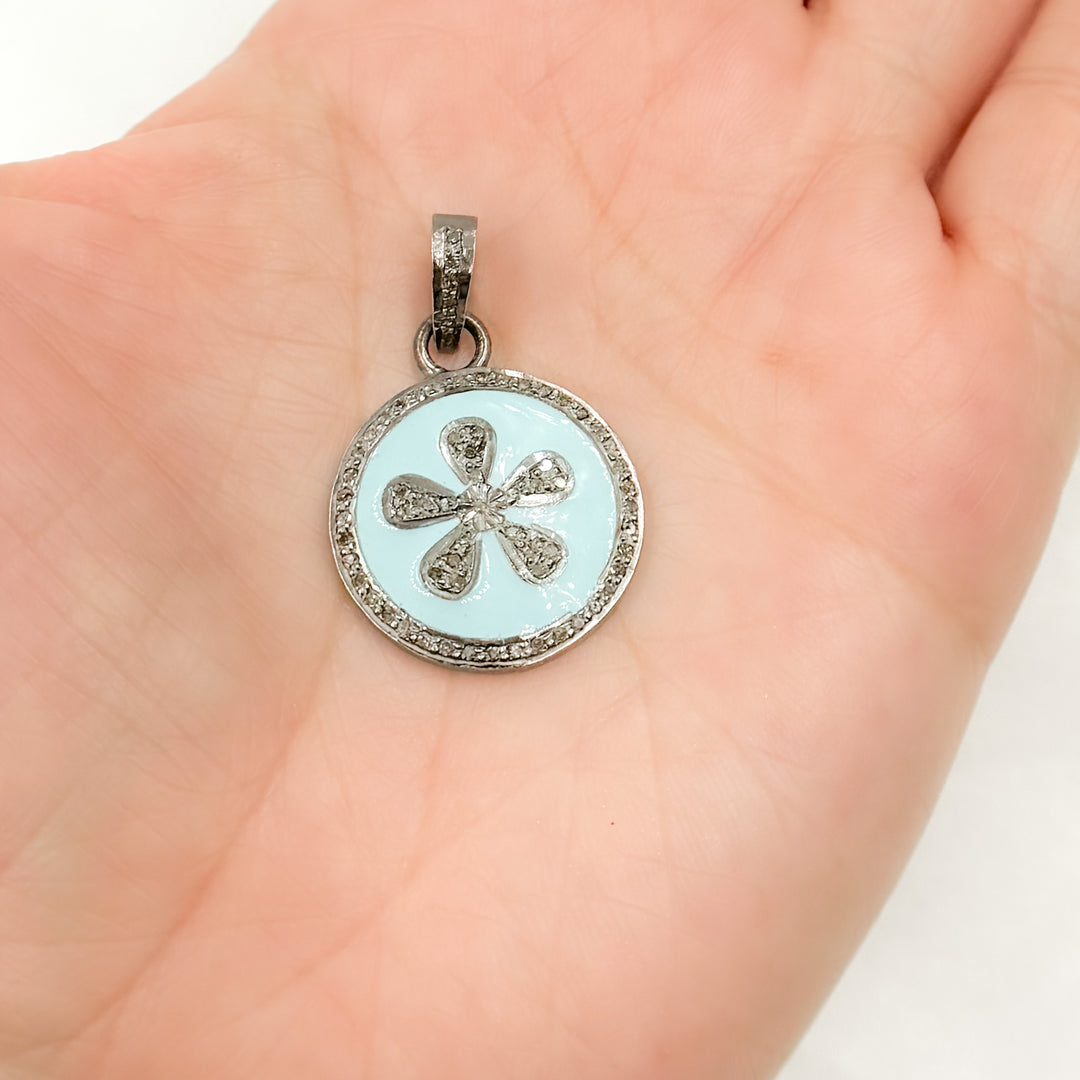 DP455A. Diamond Sterling Silver Round Flower Enamel Pendant