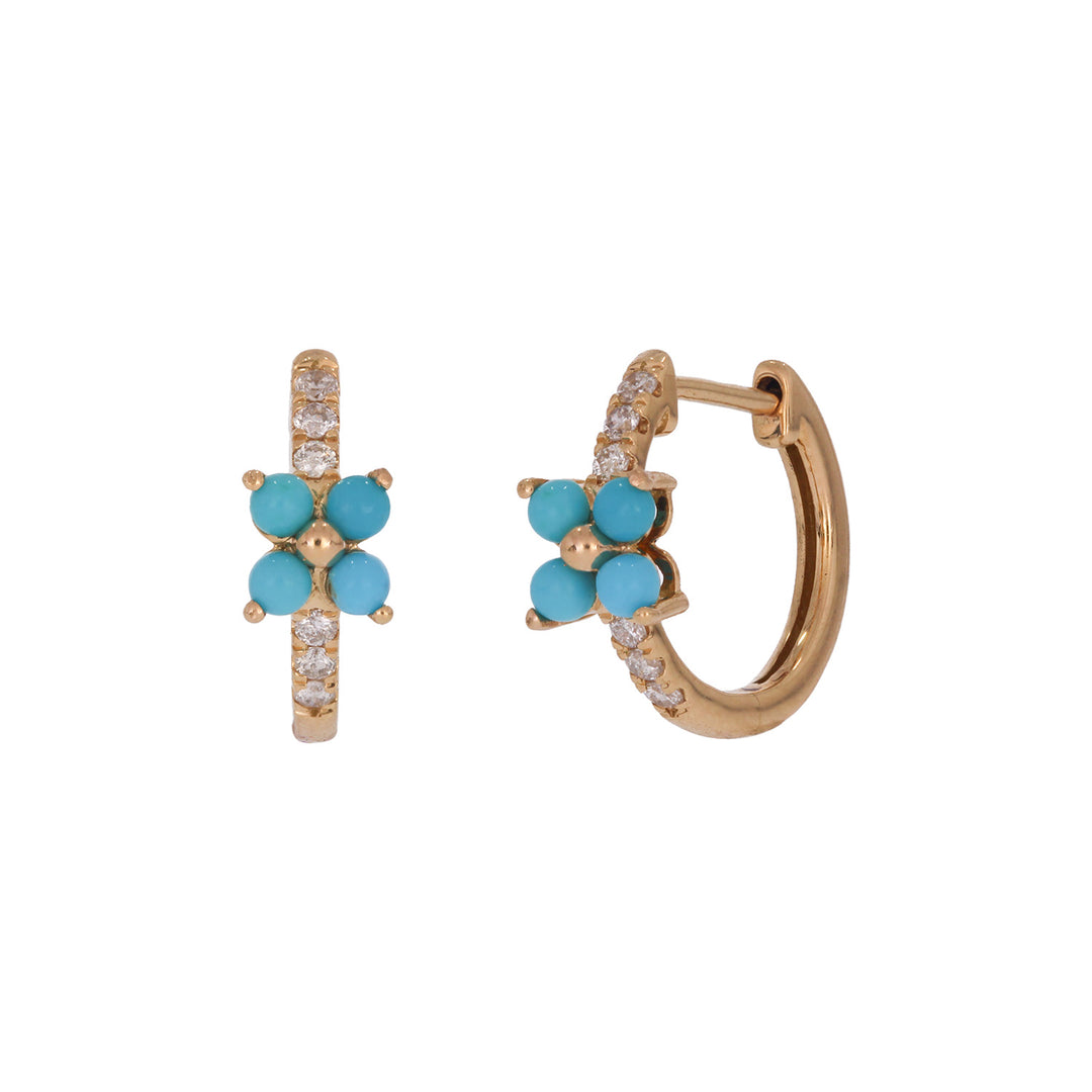 EHC57662TQ18K. 18K Solid Gold Floral Diamond & Turquoise Hoop Earrings