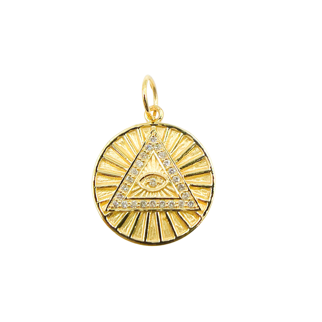 14K Solid Gold with Diamonds Circle Shape Eye of Providence Charm. GDP100