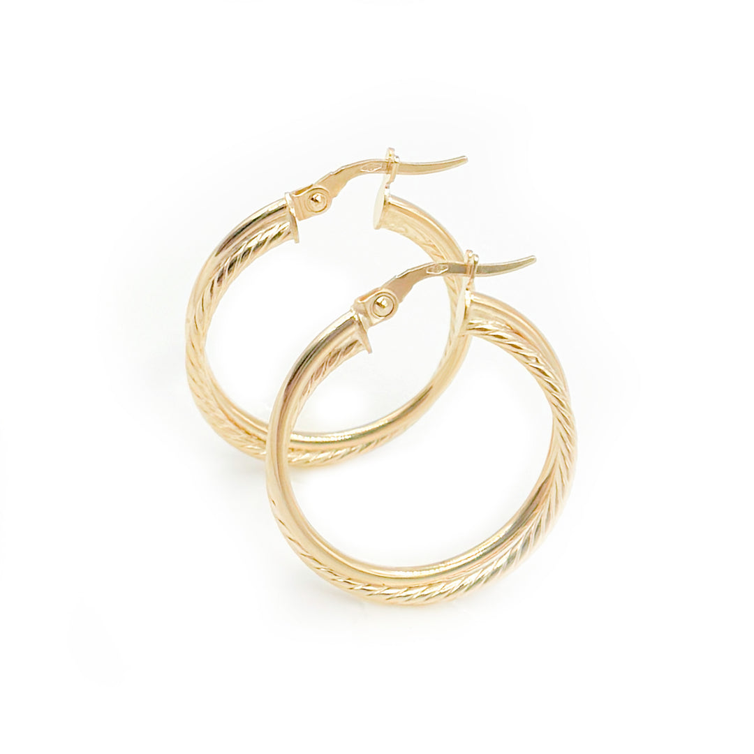15850006724. 14K Solid Gold Smooth and Ribbed Hollow Double Hoop Earrings