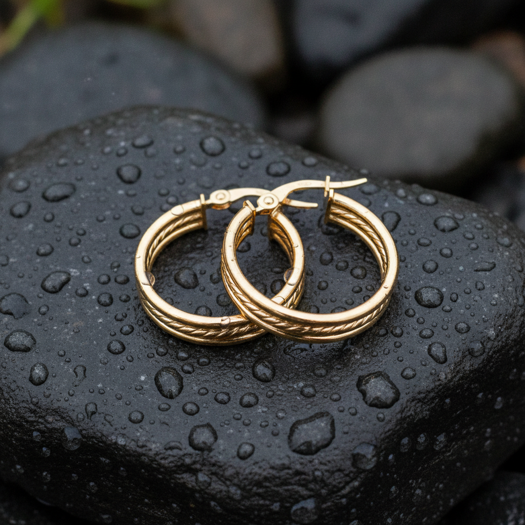 15850017958. 14K Solid Gold Smooth and Textured Triple Line Hollow Hoop Earrings