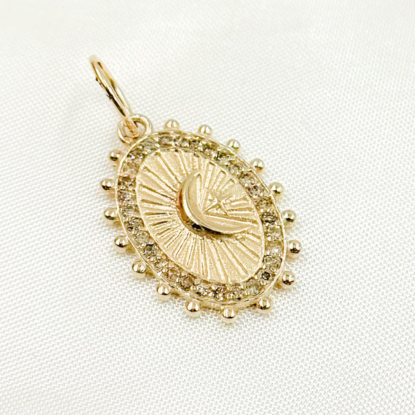 14K Solid Gold Diamond Oval Moon and Star Charm