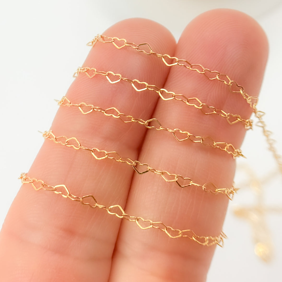 14K Yellow Solid Gold Flat Heart Link Chain