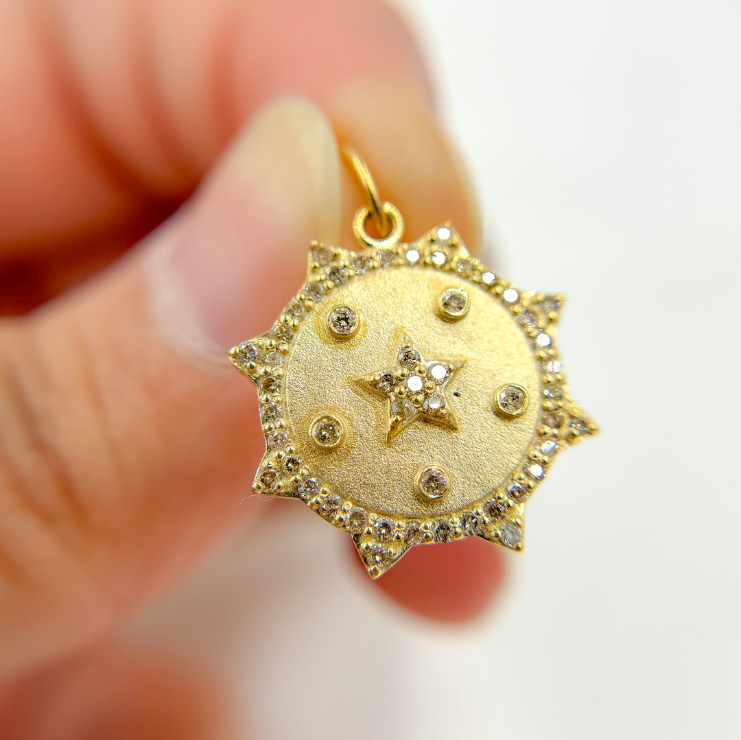 14K Solid Gold Diamond Sun Shape Charm with Star in the Center in Gemstones. GDP547