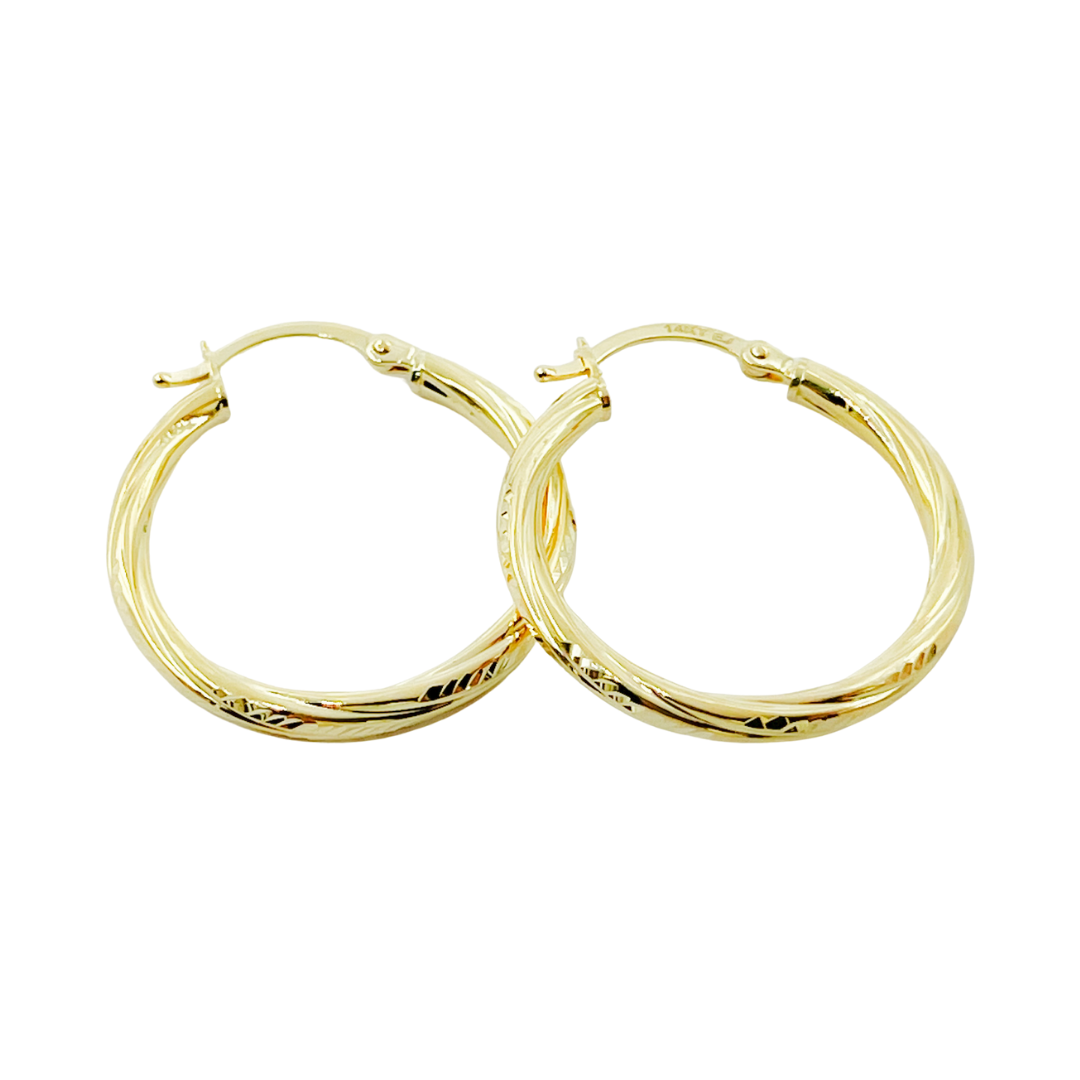 14K Gold Hoop Earrings with Engraved Tornado Design. GER69