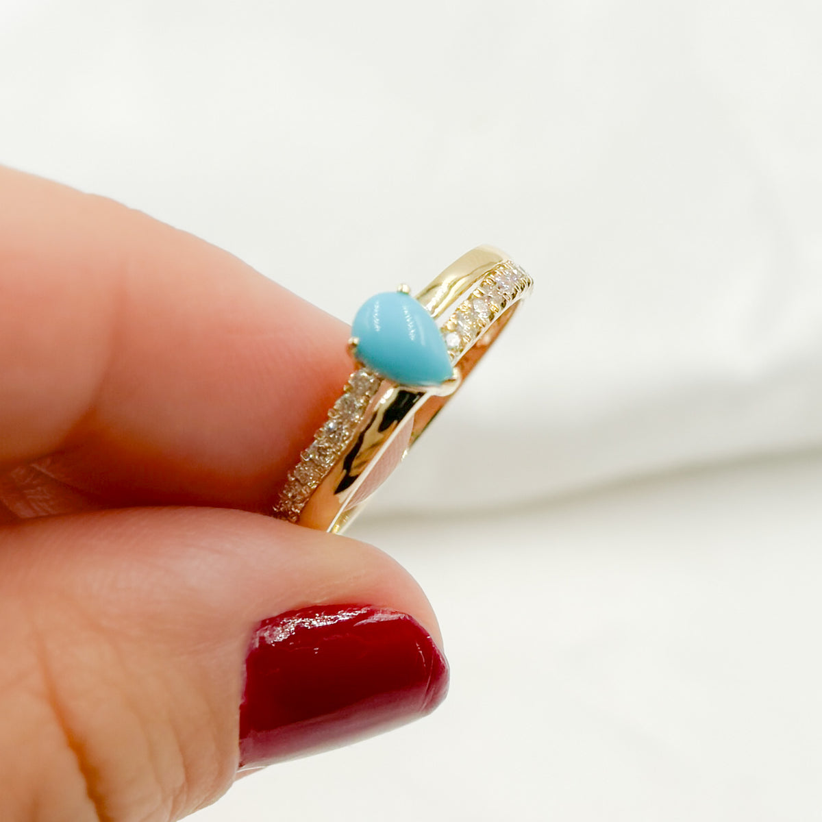 14K Solid Yellow Gold Diamond and Turquoise Double Line Drop Ring.