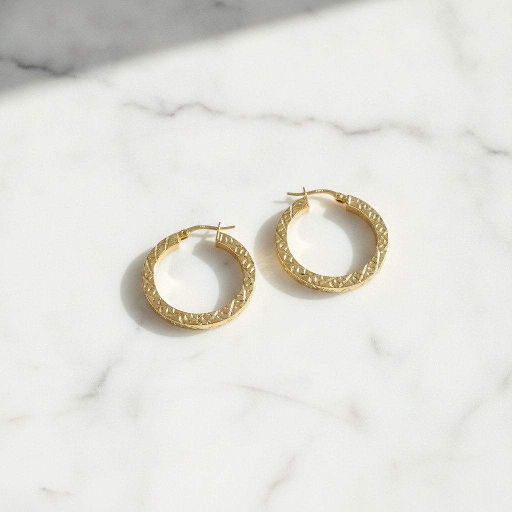 GER166. 14K Gold Hollow Flat Diamond Cut Hoop