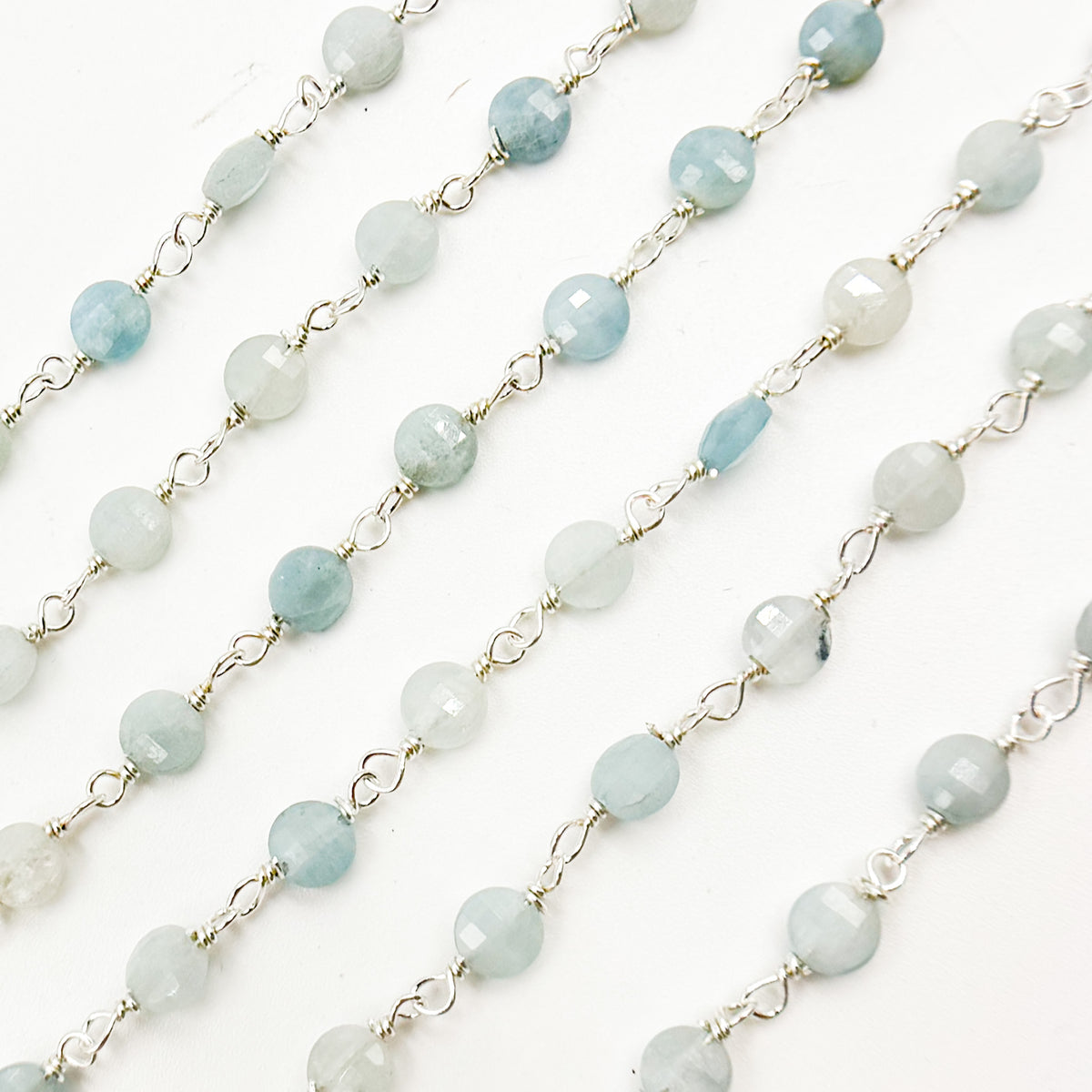 Shaded Milky Aquamarine Coin Shape Sterling Silver Wire Chains