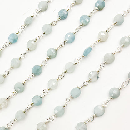 Shaded Milky Aquamarine Coin Shape Sterling Silver Wire Chains