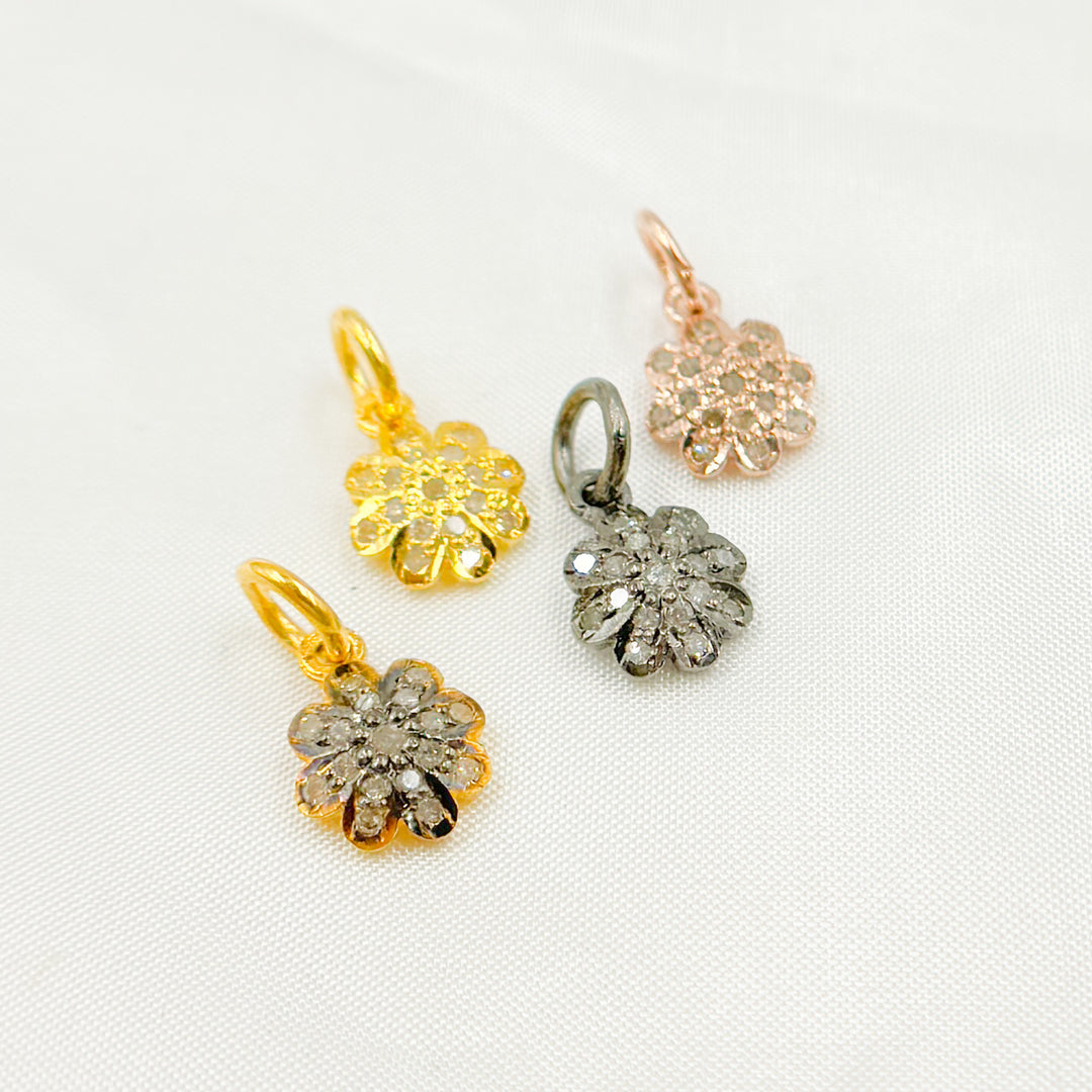 Pave Diamond & 925 Sterling Silver Black Rhodium, Two Tone (Black Rhodium and Gold Plated), Gold Plated, and Rose Gold Plated Flower Charm. DC252