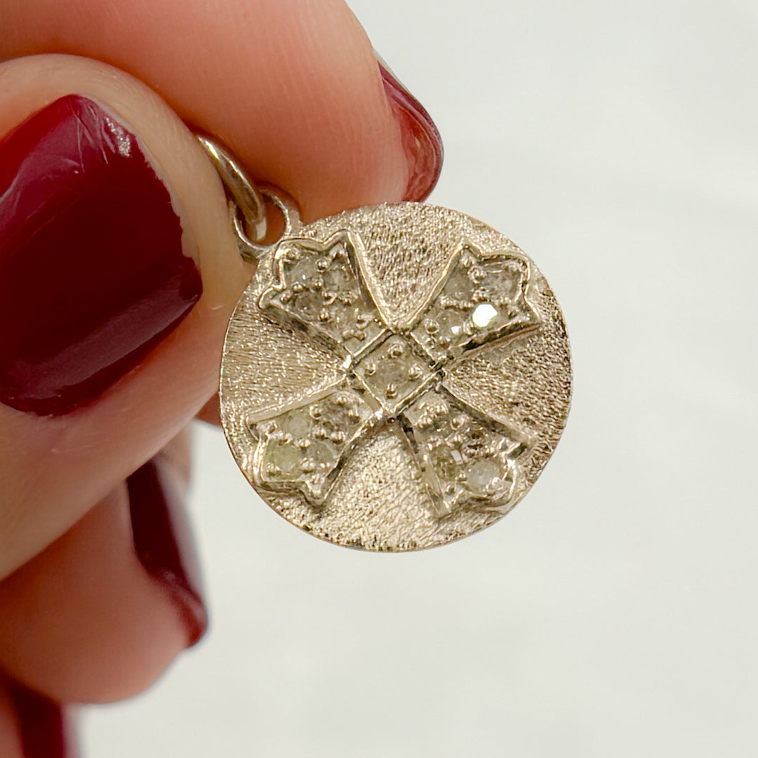 Pave Diamond & 925 Sterling Silver Black Rhodium and Rose Gold Plated Circle Cross Charm. DC301