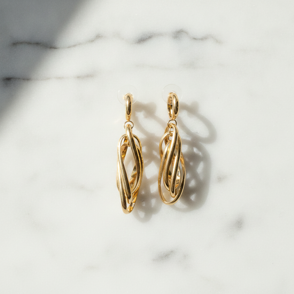 15850023044. 14K Solid Gold Twist Triple Oval Hollow Dangle Earrings