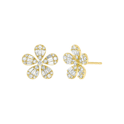 EFL52682. 14K Solid Gold Diamond Baguette Flower Stud Earrings