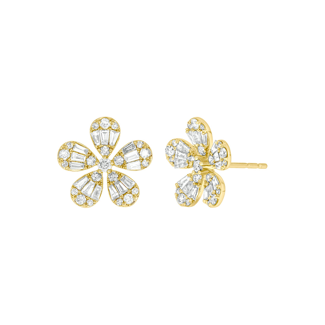 EFL52682. 14K Solid Gold Diamond Baguette Flower Stud Earrings