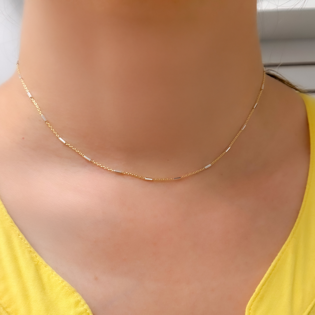 Z9GS1F. Sterling Silver Gold Plate Satellite Chain with Silver Tube Necklace