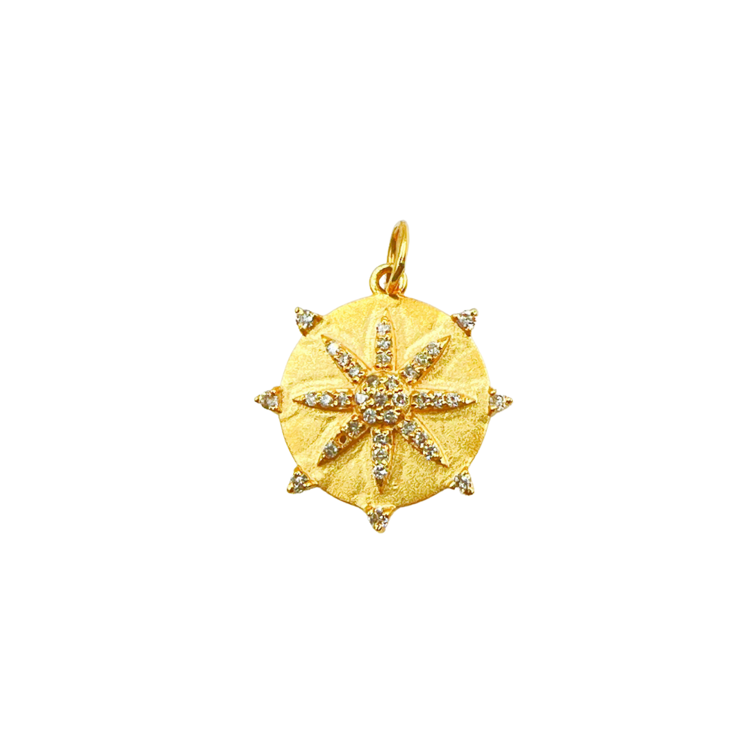 14K Solid Gold Circle Sun Pendant with Diamonds. GDP346