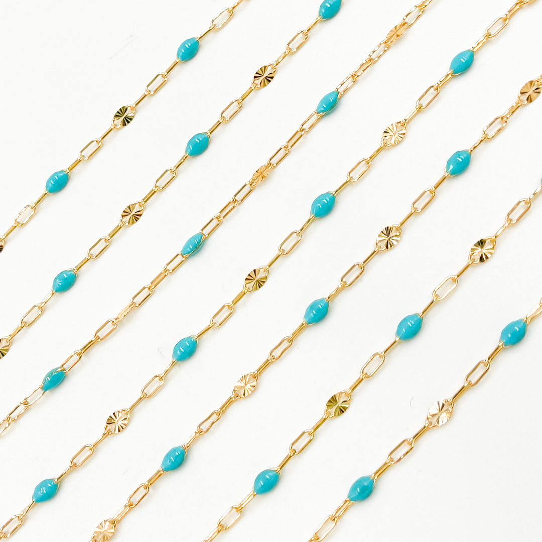 V295TURGF. 14K Gold Filled Turquoise Color Enamel with Paperclip and Diamond Cut Marina Links