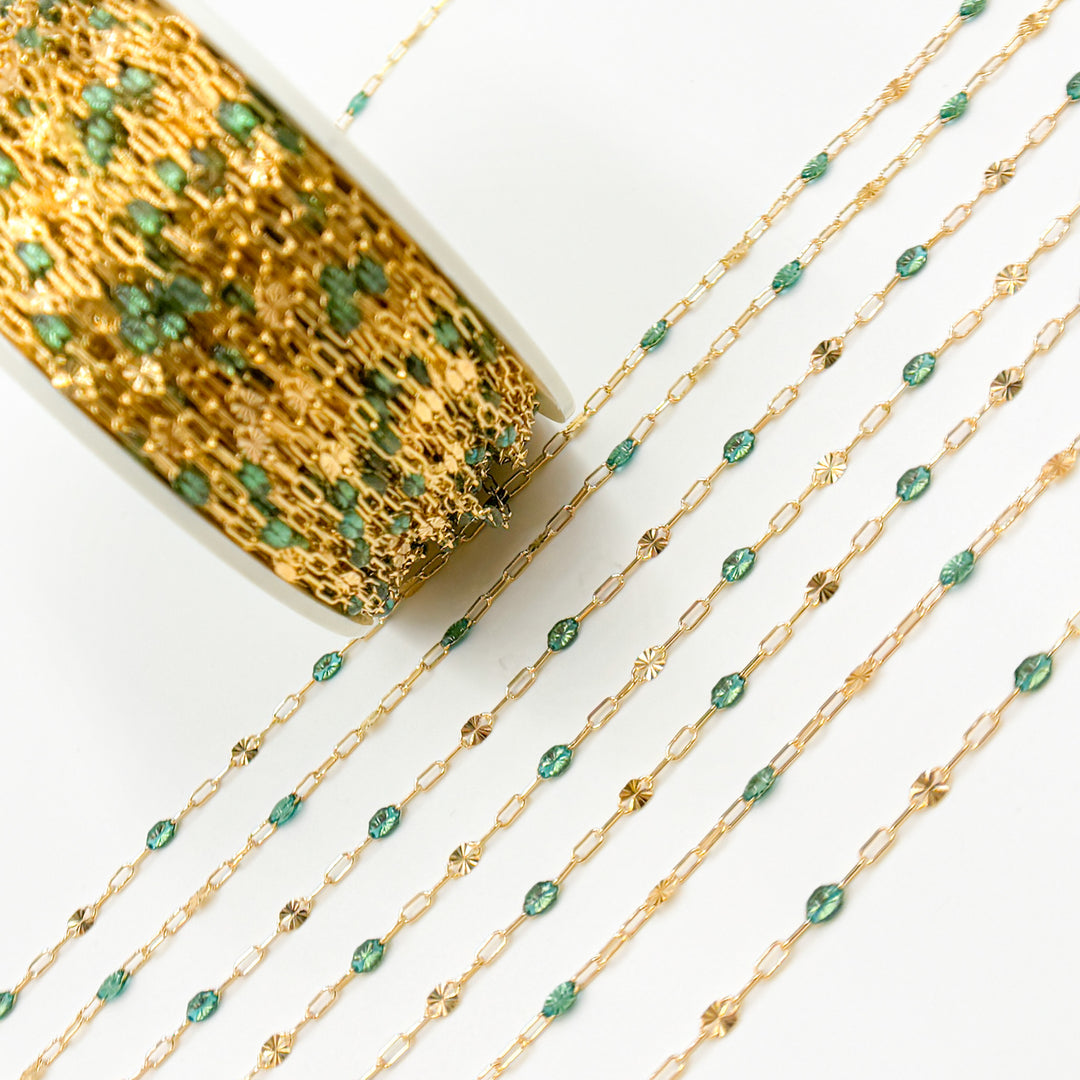 V295OGGF. 14K Gold Filled Olive Green Color Enamel with Paperclip and Diamond Cut Marina Links