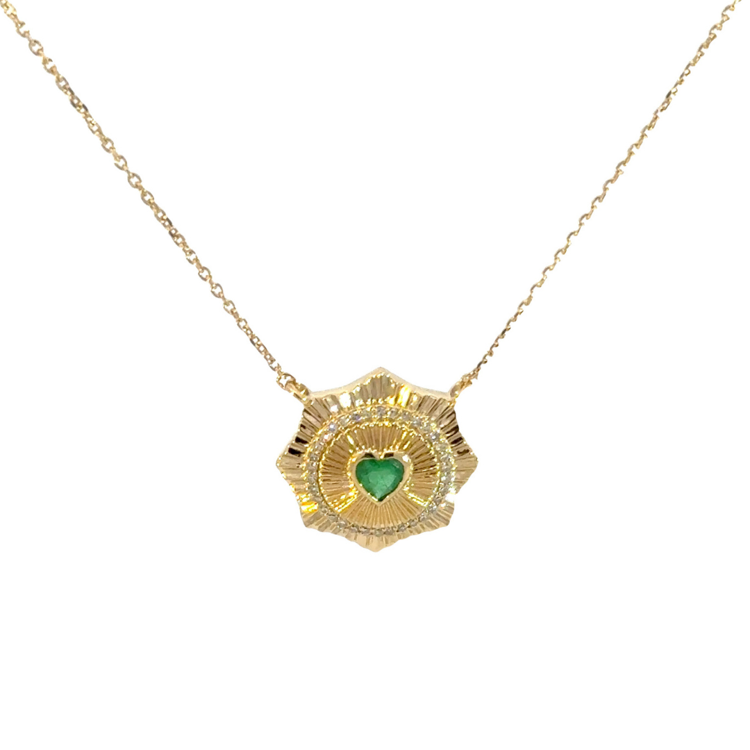 14k Solid Gold Emerald Heart and Diamond Necklace. CN96235EM