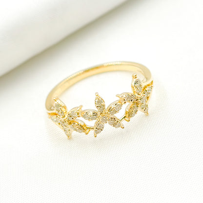 14K Solid Yellow Gold Diamond Flower Ring.