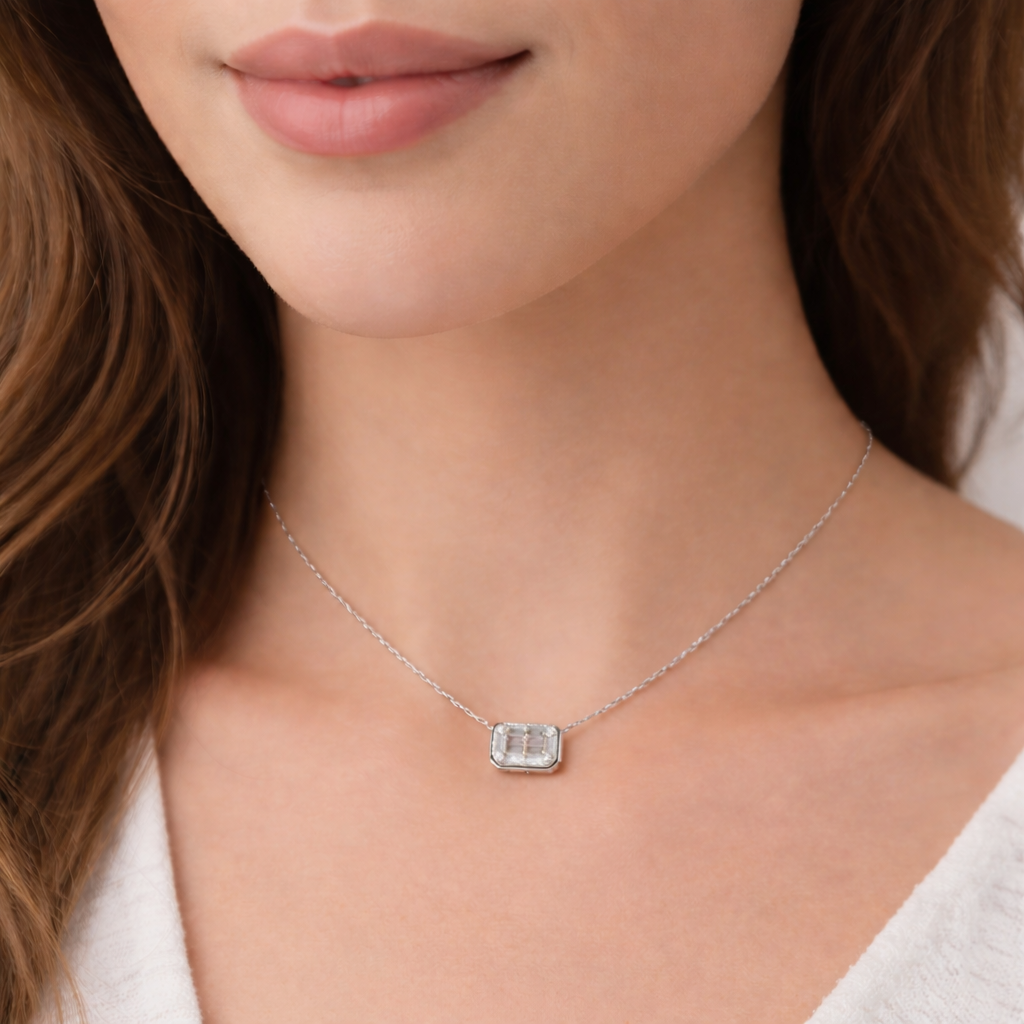 PFD32461. 14k Solid Gold Diamond Rectangle Necklace